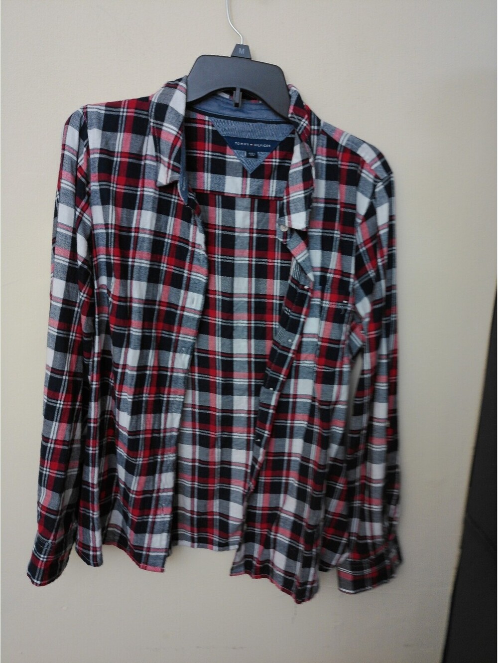 Tommy Hilfiger Flannel Shirt Mens L Red White Black Plaid Long Sleeve